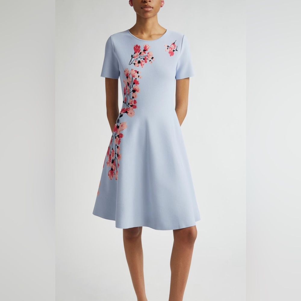 NWT Authentic Carolina Herrera Floral Jacquard Knit Fit&Flare Dress Size M